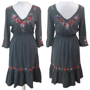Johnny Was JWLA Gray Cotton Embroidered Boho Peasant Dress Size Small